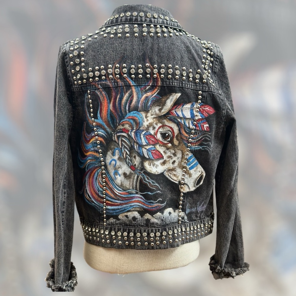 Aqua Luxe SM metal studded denim jean jacket handpainted horse Native American
